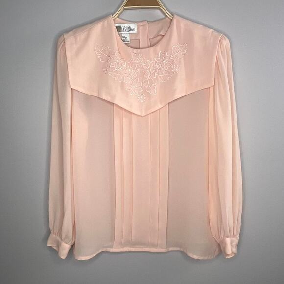 Vintage 80s La Blouse Top Size 10 Pink Long Sleeve Collared Sheer Embroidered - Picture 1 of 4